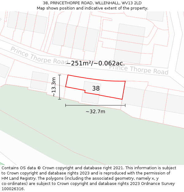 38, PRINCETHORPE ROAD, WILLENHALL, WV13 2LD: Plot and title map