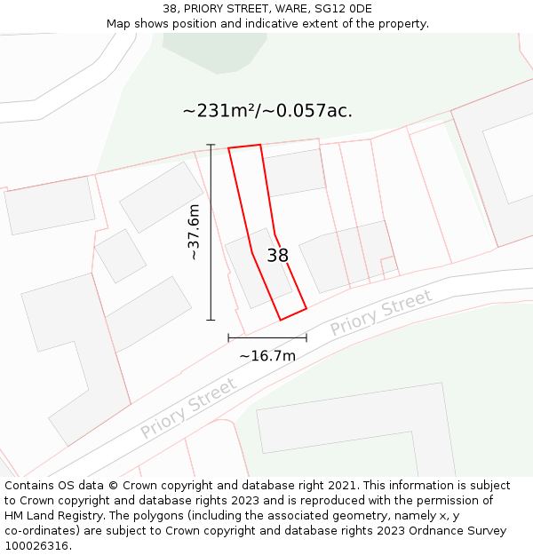 38, PRIORY STREET, WARE, SG12 0DE: Plot and title map