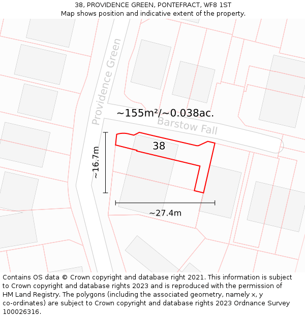 38, PROVIDENCE GREEN, PONTEFRACT, WF8 1ST: Plot and title map