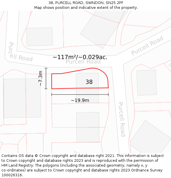 38, PURCELL ROAD, SWINDON, SN25 2PF: Plot and title map