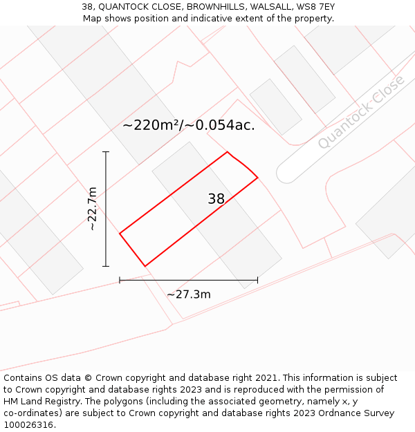 38, QUANTOCK CLOSE, BROWNHILLS, WALSALL, WS8 7EY: Plot and title map