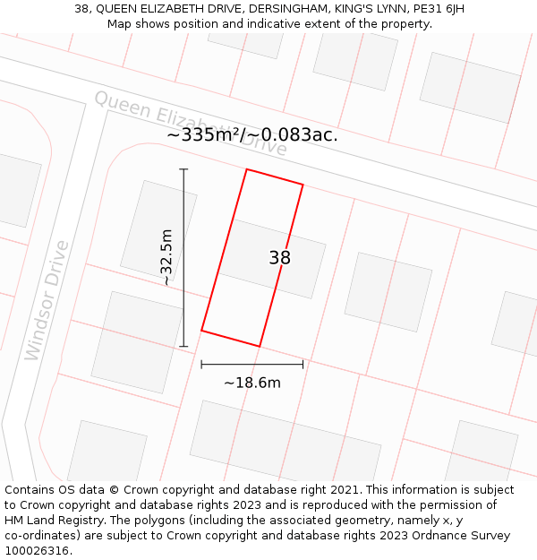 38, QUEEN ELIZABETH DRIVE, DERSINGHAM, KING'S LYNN, PE31 6JH: Plot and title map