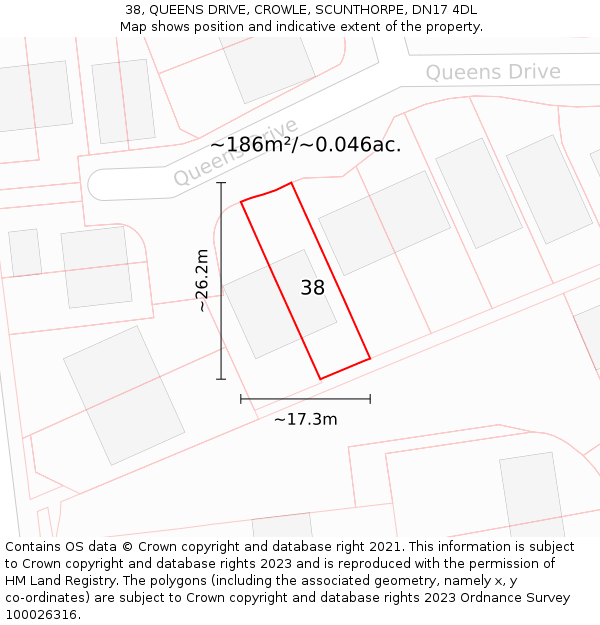 38, QUEENS DRIVE, CROWLE, SCUNTHORPE, DN17 4DL: Plot and title map