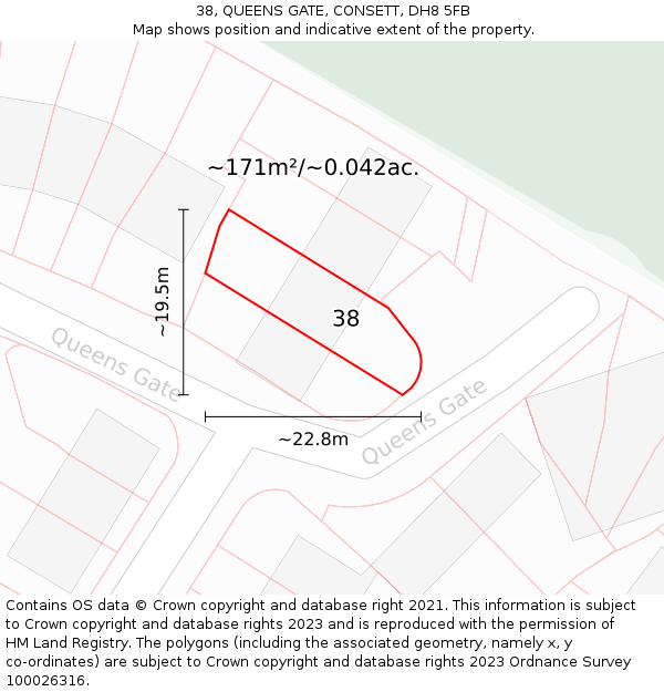 38, QUEENS GATE, CONSETT, DH8 5FB: Plot and title map
