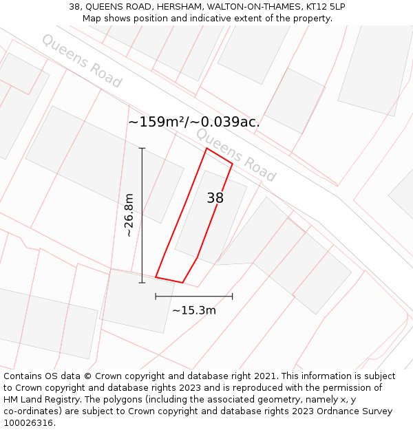 38, QUEENS ROAD, HERSHAM, WALTON-ON-THAMES, KT12 5LP: Plot and title map