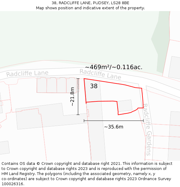 38, RADCLIFFE LANE, PUDSEY, LS28 8BE: Plot and title map
