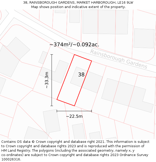 38, RAINSBOROUGH GARDENS, MARKET HARBOROUGH, LE16 9LW: Plot and title map