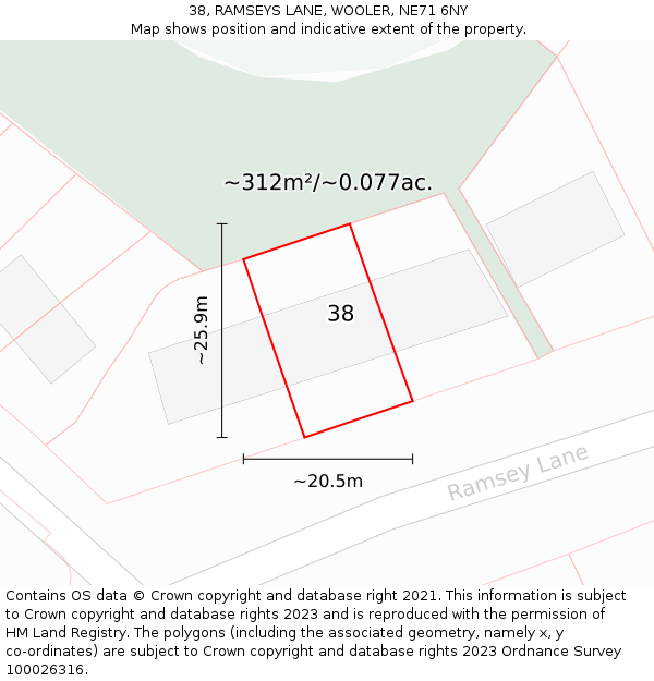 38, RAMSEYS LANE, WOOLER, NE71 6NY: Plot and title map