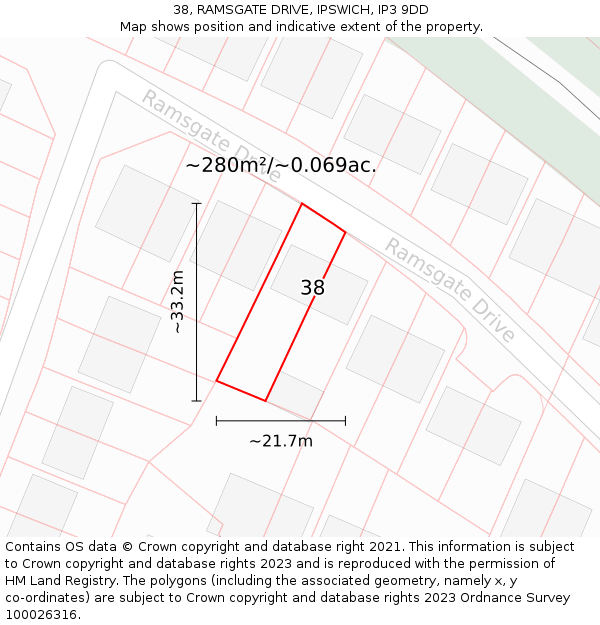 38, RAMSGATE DRIVE, IPSWICH, IP3 9DD: Plot and title map