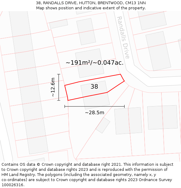 38, RANDALLS DRIVE, HUTTON, BRENTWOOD, CM13 1NN: Plot and title map
