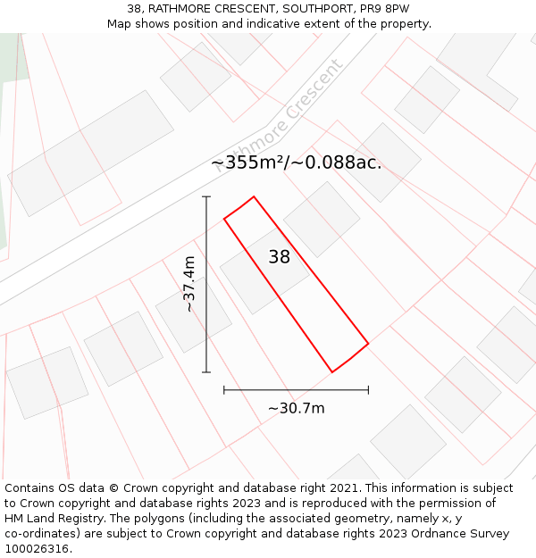 38, RATHMORE CRESCENT, SOUTHPORT, PR9 8PW: Plot and title map