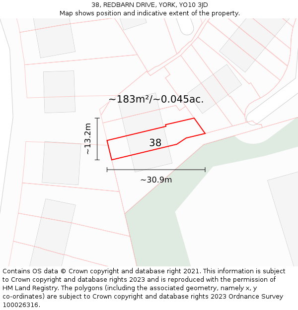 38, REDBARN DRIVE, YORK, YO10 3JD: Plot and title map