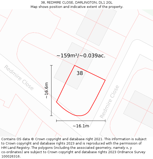 38, REDMIRE CLOSE, DARLINGTON, DL1 2GL: Plot and title map