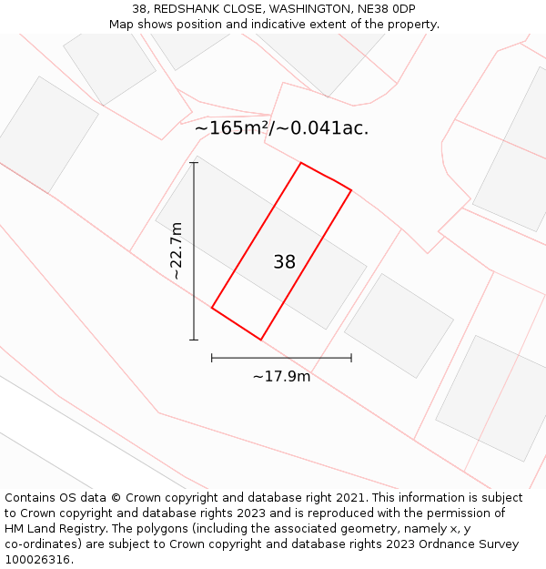 38, REDSHANK CLOSE, WASHINGTON, NE38 0DP: Plot and title map