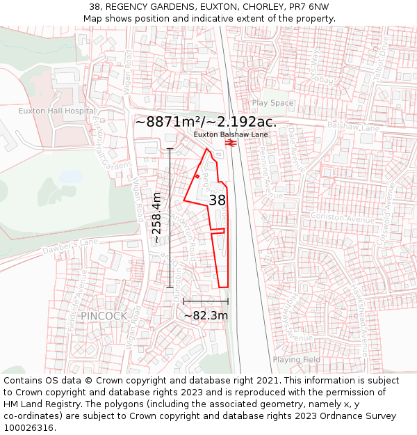 38, REGENCY GARDENS, EUXTON, CHORLEY, PR7 6NW: Plot and title map