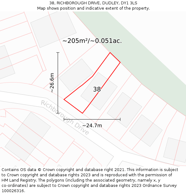 38, RICHBOROUGH DRIVE, DUDLEY, DY1 3LS: Plot and title map