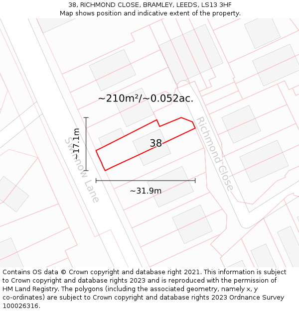 38, RICHMOND CLOSE, BRAMLEY, LEEDS, LS13 3HF: Plot and title map