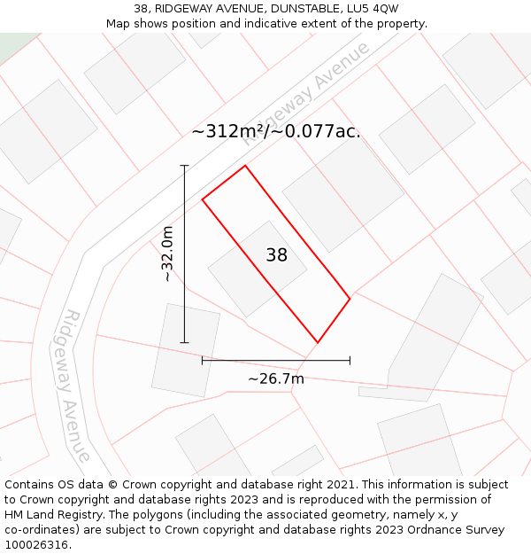 38, RIDGEWAY AVENUE, DUNSTABLE, LU5 4QW: Plot and title map