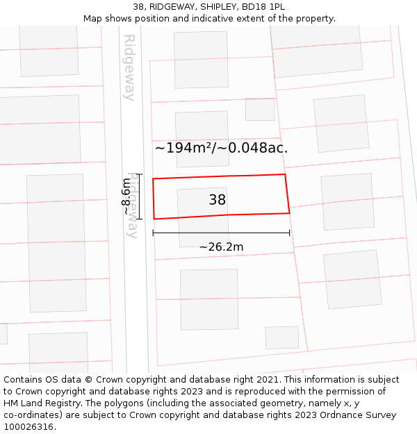 38, RIDGEWAY, SHIPLEY, BD18 1PL: Plot and title map