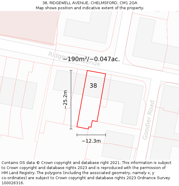 38, RIDGEWELL AVENUE, CHELMSFORD, CM1 2GA: Plot and title map