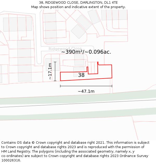 38, RIDGEWOOD CLOSE, DARLINGTON, DL1 4TE: Plot and title map