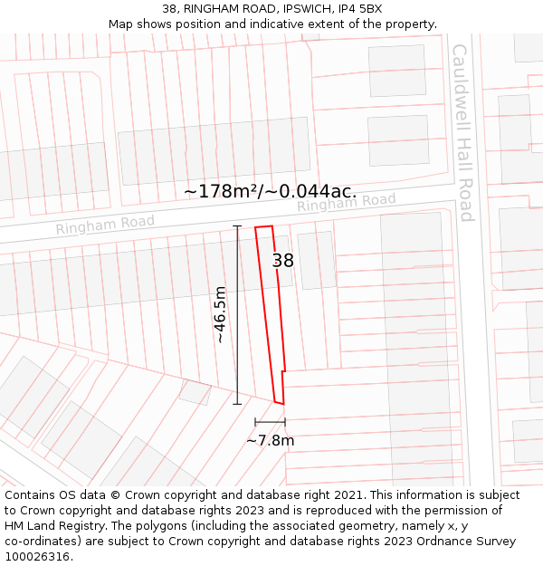 38, RINGHAM ROAD, IPSWICH, IP4 5BX: Plot and title map