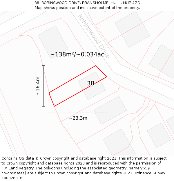 38, ROBINSWOOD DRIVE, BRANSHOLME, HULL, HU7 4ZD: Plot and title map