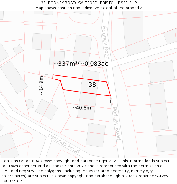 38, RODNEY ROAD, SALTFORD, BRISTOL, BS31 3HP: Plot and title map