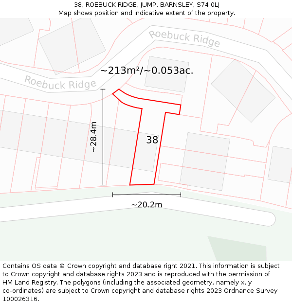 38, ROEBUCK RIDGE, JUMP, BARNSLEY, S74 0LJ: Plot and title map
