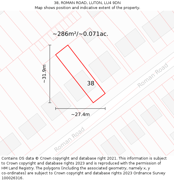 38, ROMAN ROAD, LUTON, LU4 9DN: Plot and title map