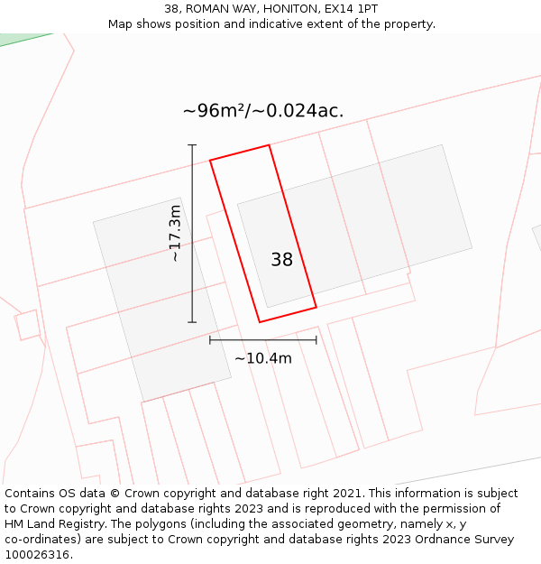 38, ROMAN WAY, HONITON, EX14 1PT: Plot and title map