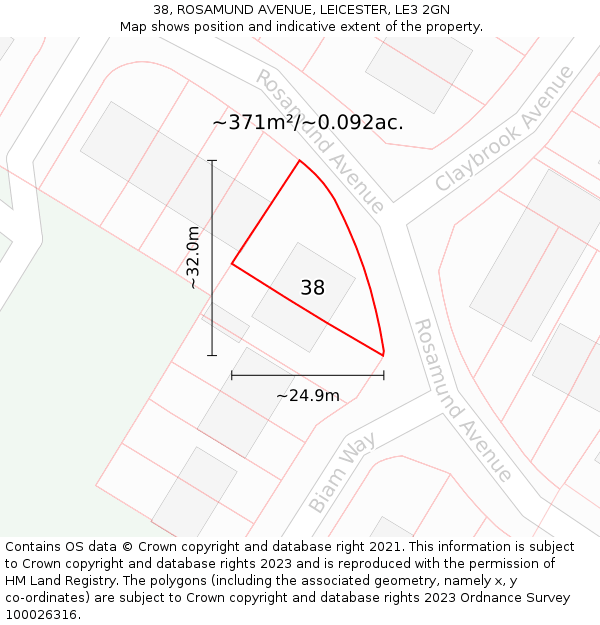 38, ROSAMUND AVENUE, LEICESTER, LE3 2GN: Plot and title map