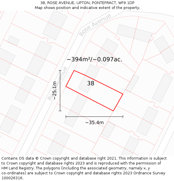 38, ROSE AVENUE, UPTON, PONTEFRACT, WF9 1DP: Plot and title map