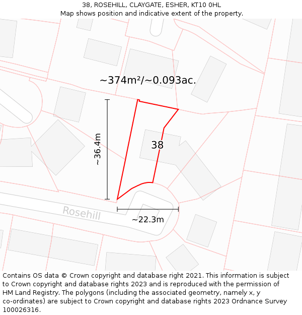 38, ROSEHILL, CLAYGATE, ESHER, KT10 0HL: Plot and title map