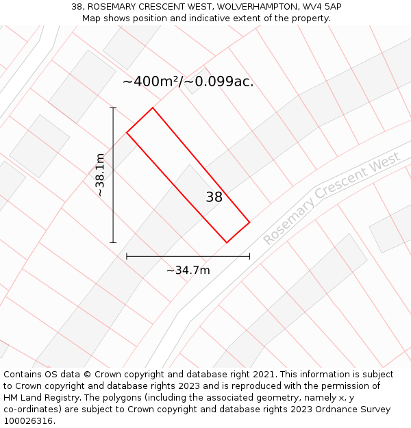 38, ROSEMARY CRESCENT WEST, WOLVERHAMPTON, WV4 5AP: Plot and title map