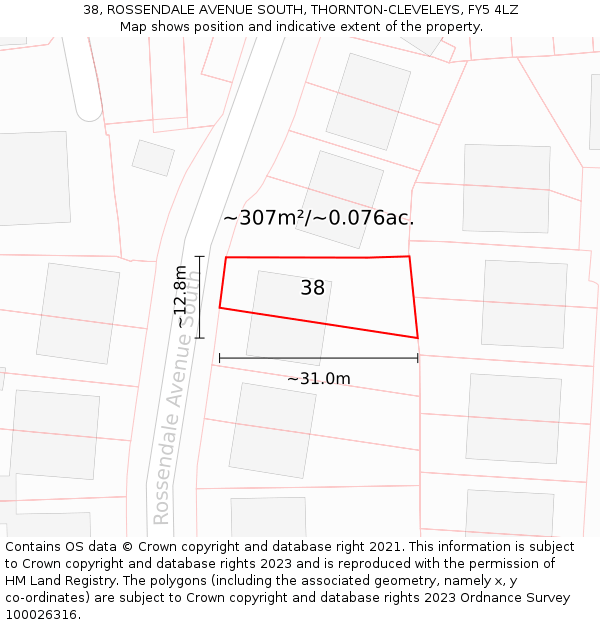38, ROSSENDALE AVENUE SOUTH, THORNTON-CLEVELEYS, FY5 4LZ: Plot and title map