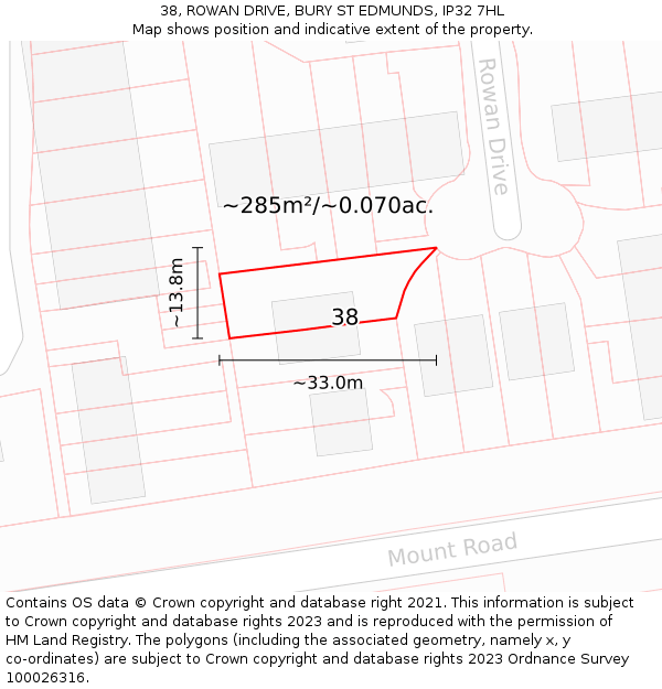 38, ROWAN DRIVE, BURY ST EDMUNDS, IP32 7HL: Plot and title map