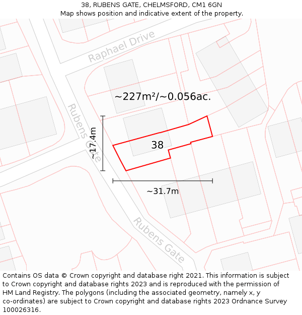38, RUBENS GATE, CHELMSFORD, CM1 6GN: Plot and title map