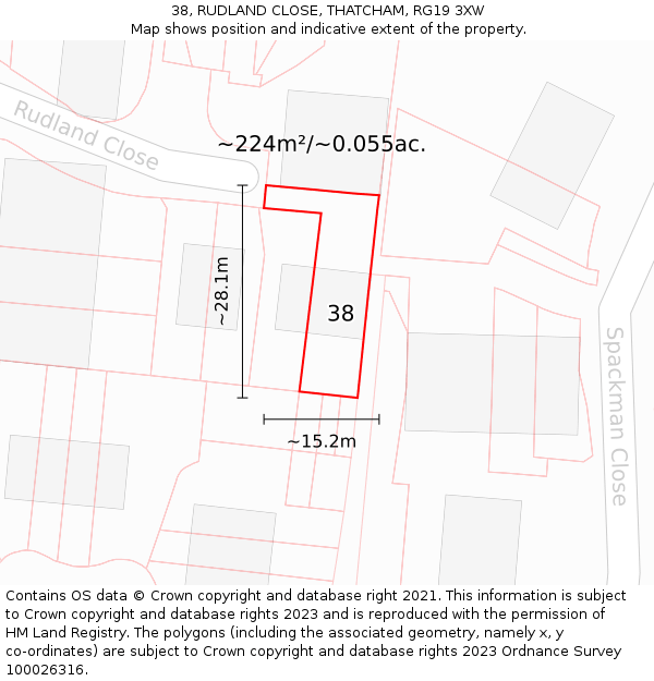 38, RUDLAND CLOSE, THATCHAM, RG19 3XW: Plot and title map