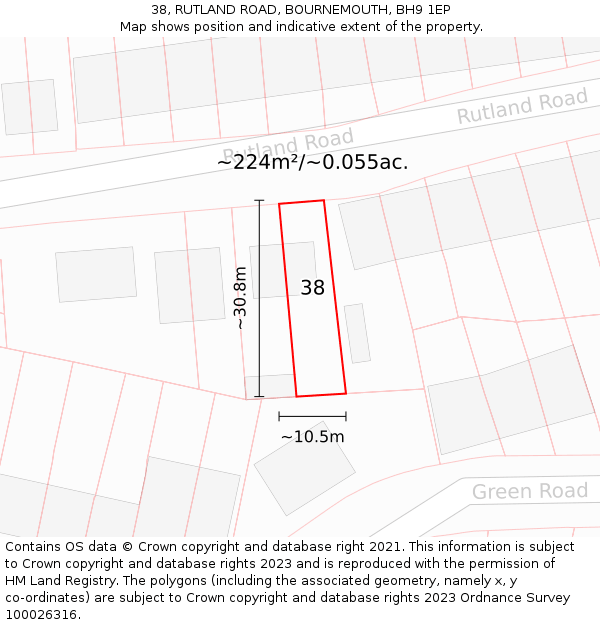 38, RUTLAND ROAD, BOURNEMOUTH, BH9 1EP: Plot and title map