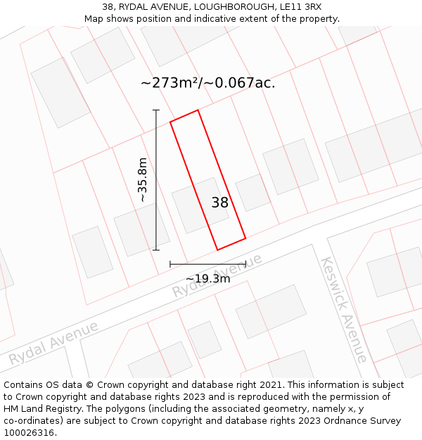 38, RYDAL AVENUE, LOUGHBOROUGH, LE11 3RX: Plot and title map
