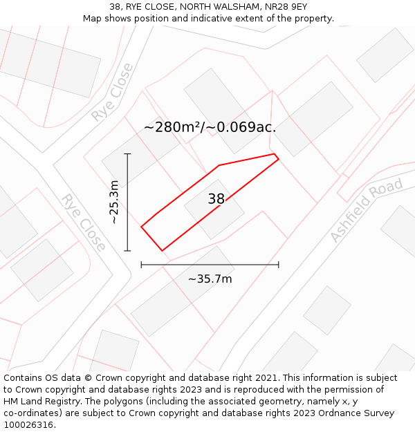 38, RYE CLOSE, NORTH WALSHAM, NR28 9EY: Plot and title map