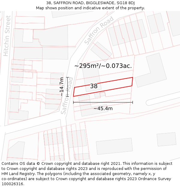 38, SAFFRON ROAD, BIGGLESWADE, SG18 8DJ: Plot and title map