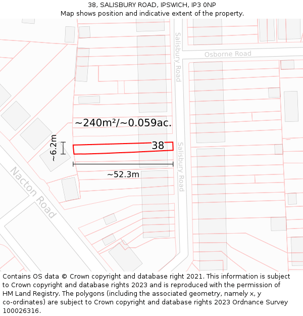38, SALISBURY ROAD, IPSWICH, IP3 0NP: Plot and title map