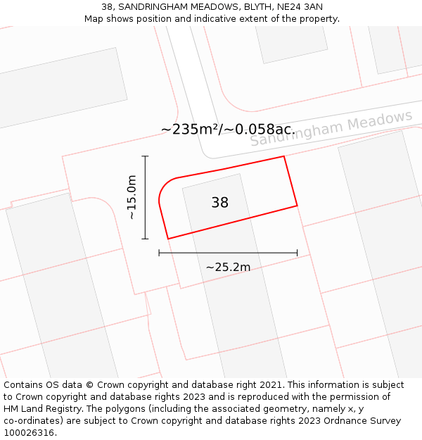 38, SANDRINGHAM MEADOWS, BLYTH, NE24 3AN: Plot and title map