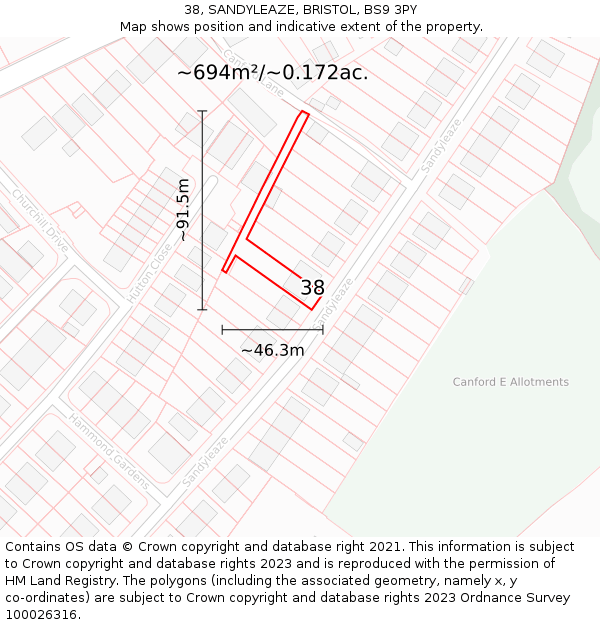 38, SANDYLEAZE, BRISTOL, BS9 3PY: Plot and title map