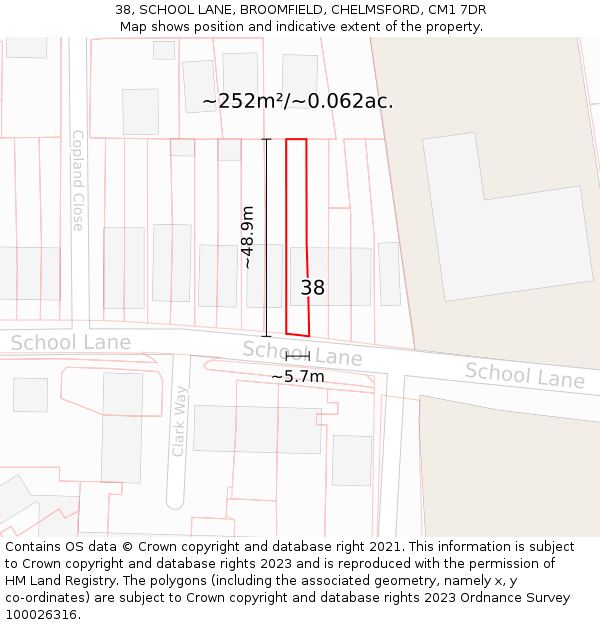 38, SCHOOL LANE, BROOMFIELD, CHELMSFORD, CM1 7DR: Plot and title map