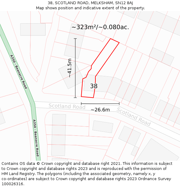 38, SCOTLAND ROAD, MELKSHAM, SN12 8AJ: Plot and title map