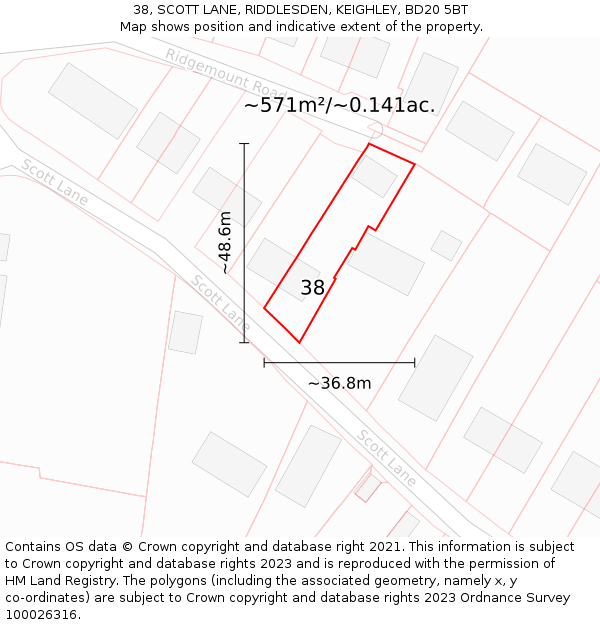 38, SCOTT LANE, RIDDLESDEN, KEIGHLEY, BD20 5BT: Plot and title map