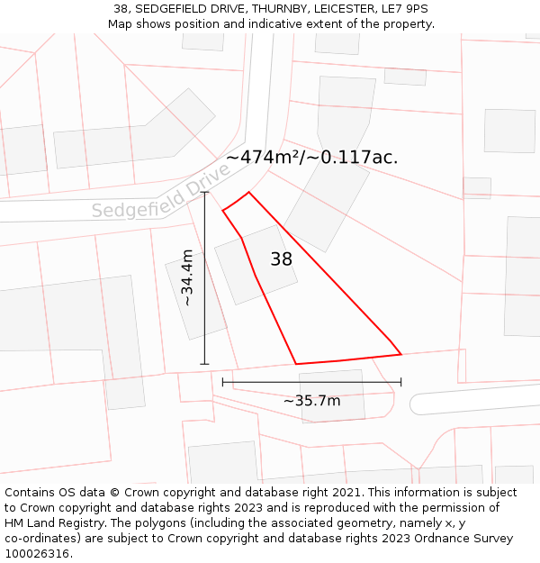 38, SEDGEFIELD DRIVE, THURNBY, LEICESTER, LE7 9PS: Plot and title map
